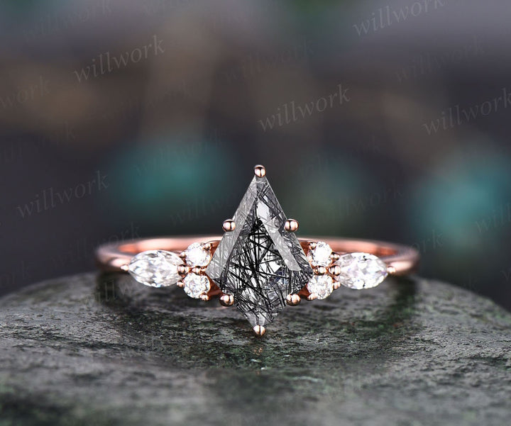 Unique kite black rutilated quartz engagement ring set white gold art deco six prong moissanite bridal ring set for women black stone ring