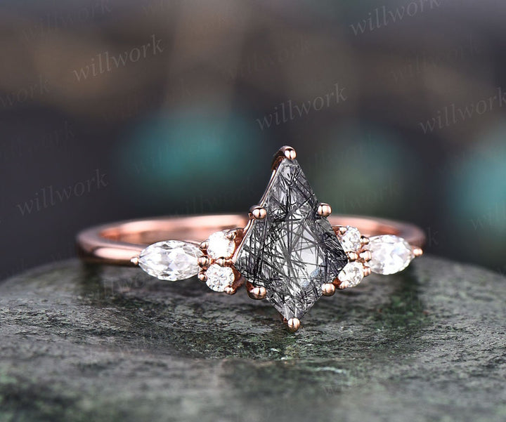 Vintage black rutilated quartz engagement ring 14k rose gold kite cut ring art deco moissanite ring for women unique bridal wedding ring set
