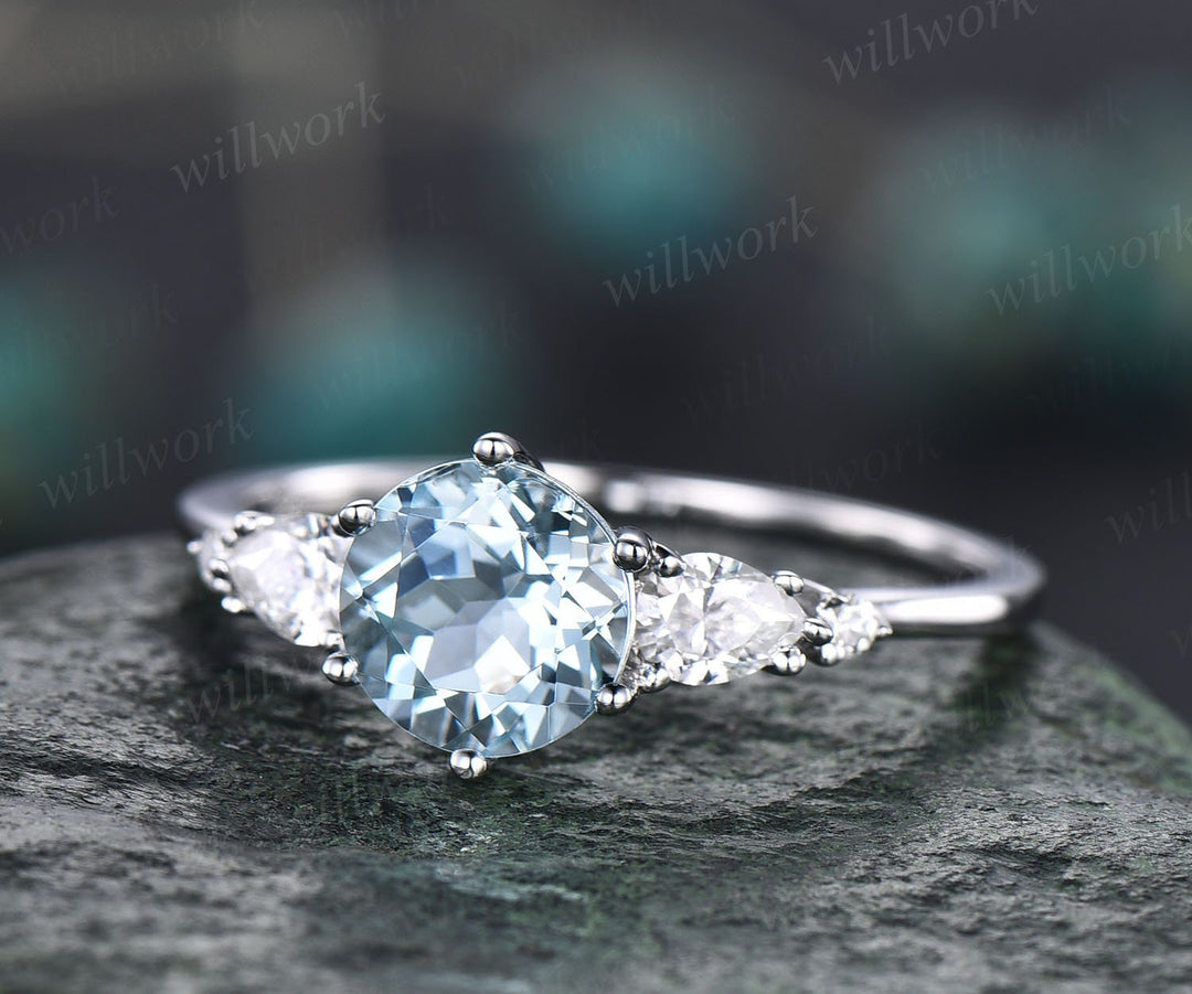Unique aquamarine wedding ring set vintage aquamarine engagement ring set five stone pear moissanite promise ring set March birthstone ring