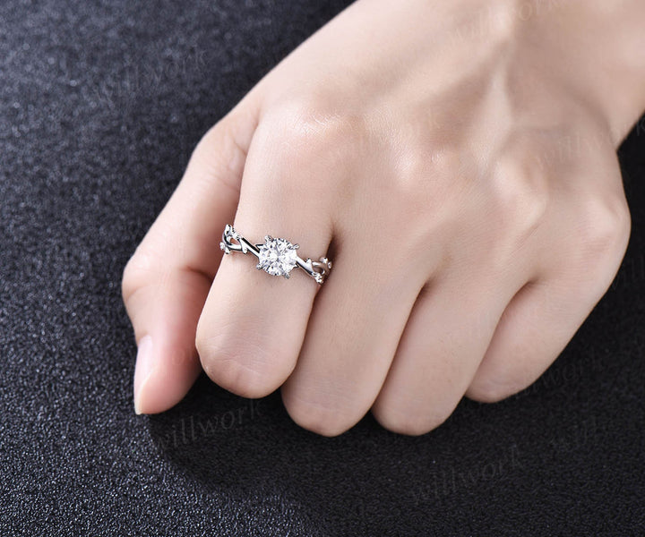 Vintage moissanite engagement ring art deco ring rose gold round cut ring twisted leaf diamond ring prong set antique anniversary ring gift