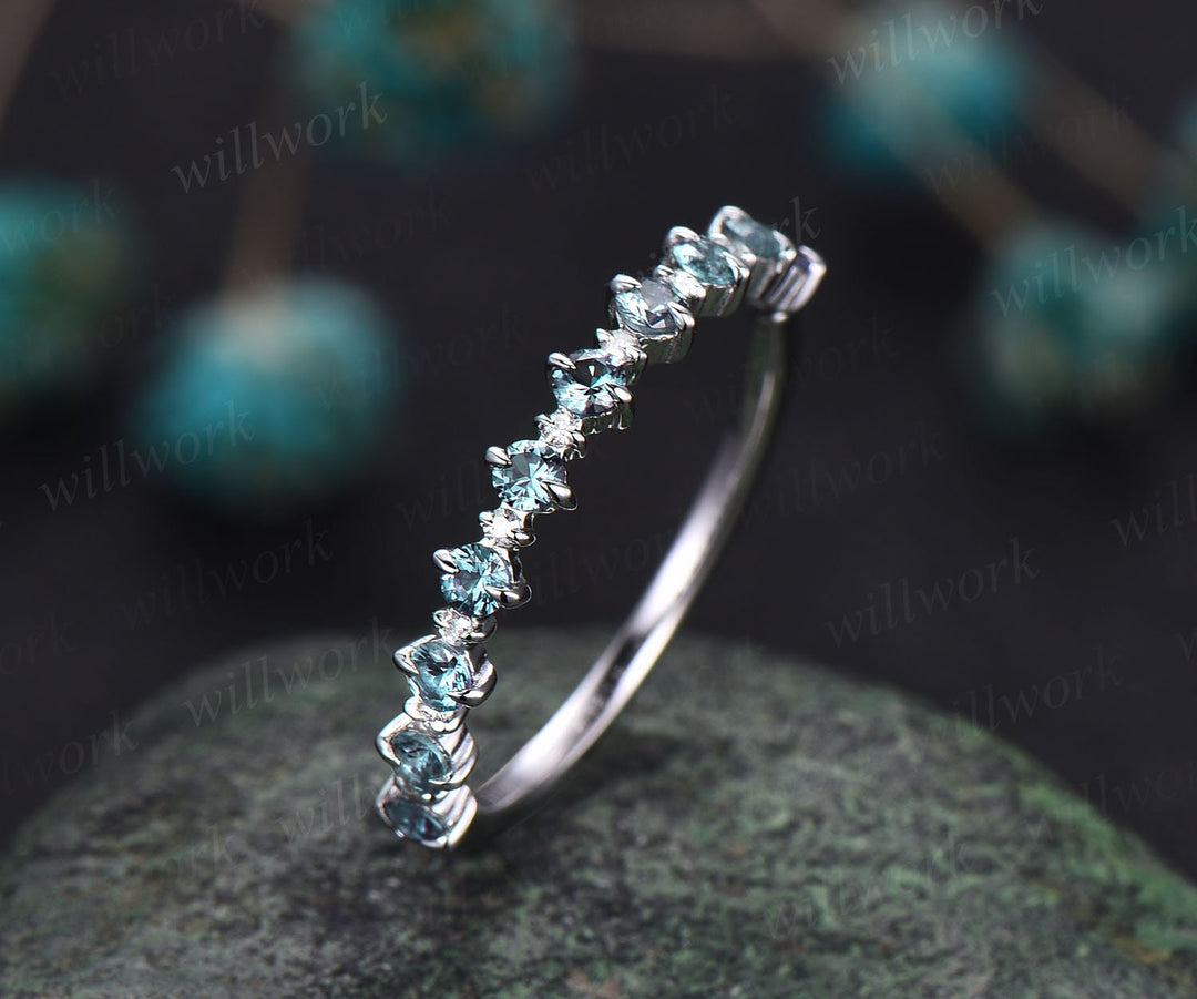 Alexandrite wedding band Vintage diamond ring for women rose gold half eternity diamond wedding ring band unique bridal anniversary ring