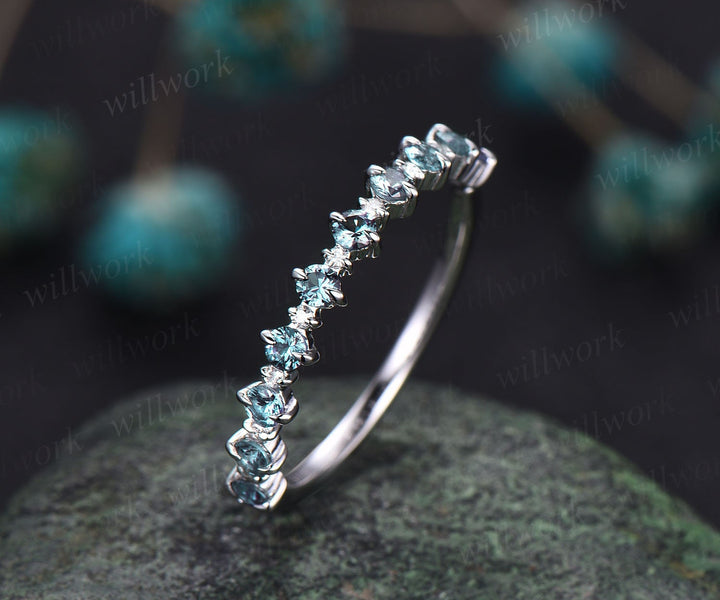 Alexandrite wedding band Vintage diamond ring for women rose gold half eternity diamond wedding ring band unique bridal anniversary ring