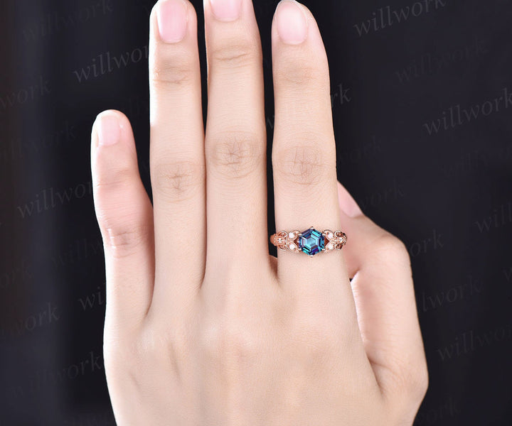 Vintage hexagon cut Alexandrite engagement ring butterfly flower unique rose gold engagement ring opal ring Milgrain diamond ring for women