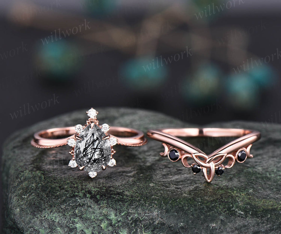 Vintage pear shaped black rutilated quartz engagement ring set rose gold Milgrain moissanite ring black diamond ring for women bridal set