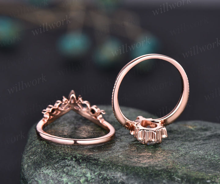 Vintage pear shaped blue sandstone engagement ring set rose gold cluster moissanite ring black diamond ring unique wedding ring set women