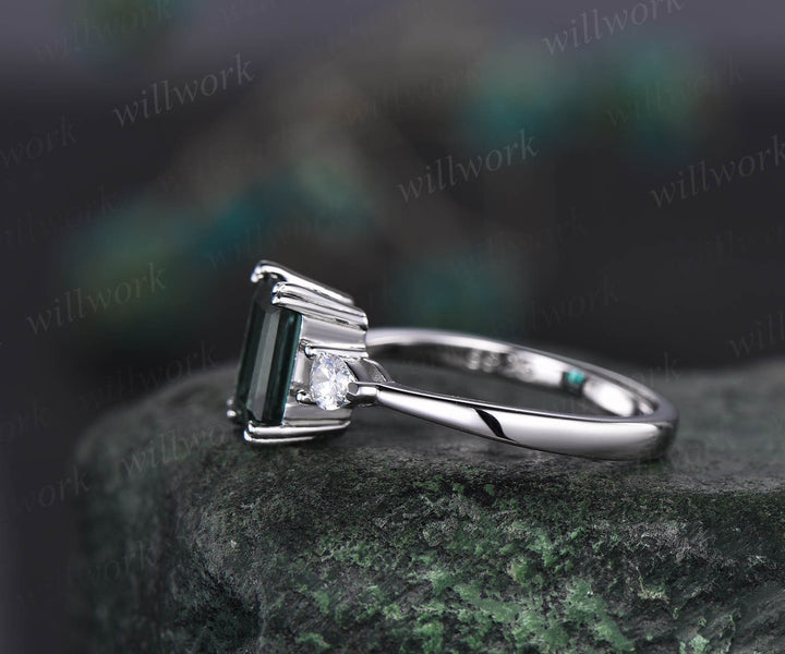 Vintage emerald cut moss agate engagement ring white gold three stone ring pear shaped moissanite ring unique bridal wedding ring for women