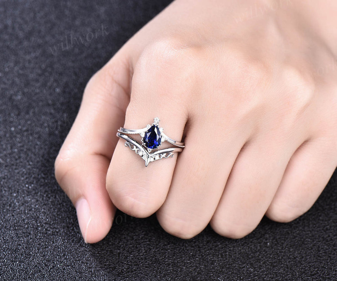 Pear shaped sapphire engagement ring set white gold cluster moissanite unique vintage style engagement ring bridal wedding ring set jewelry