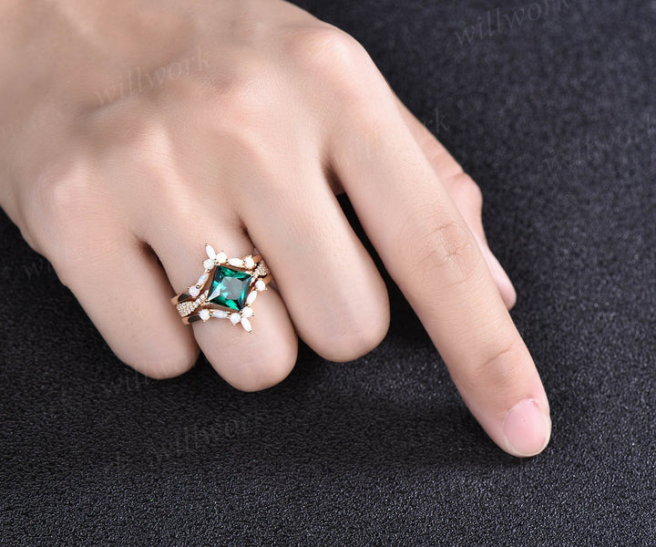 Princess cut emerald engagement ring set vintage opal ring set marquise ring set infinity moissanite ring set rose gold ring women jewelry