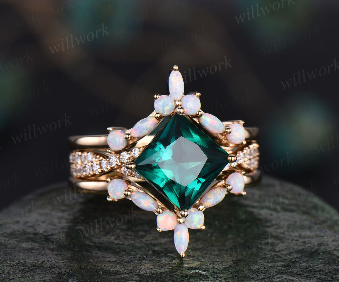 Princess cut emerald engagement ring set vintage opal ring set marquise ring set infinity moissanite ring set rose gold ring women jewelry