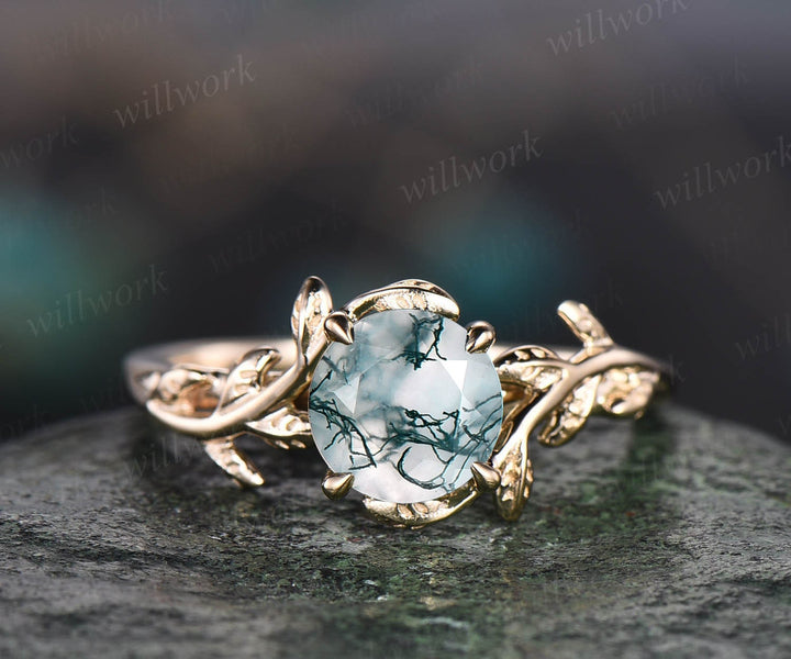 Round cut moss agate ring for women dainty Twig vintage moss agate engagement ring leaf art deco rose gold wedding bridal promise ring gift