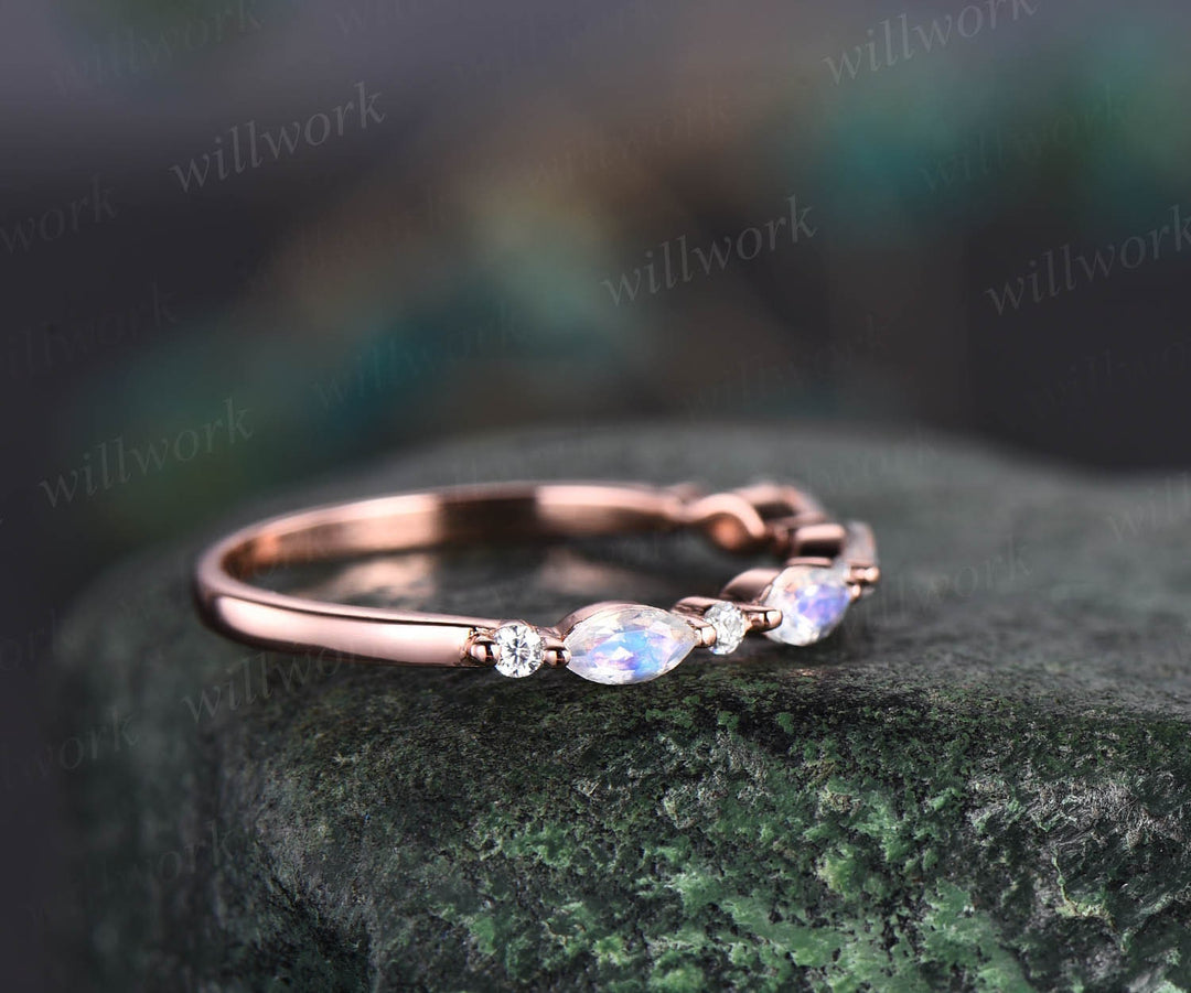Marquise cut moonstone wedding band 14k rose gold art deco moonstone ring moissanite wedding band stacking ring band bridal ring for women