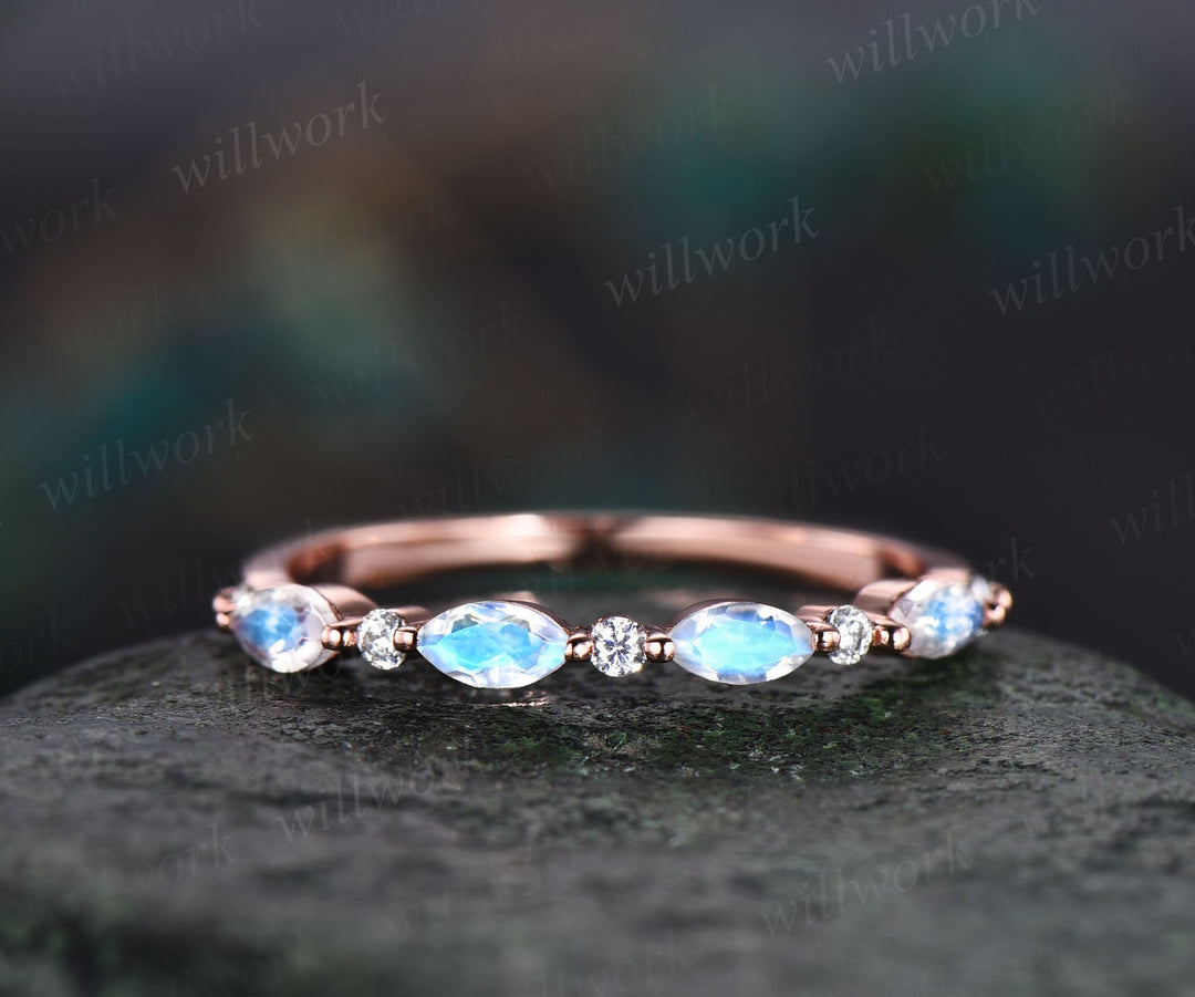Marquise cut moonstone wedding band 14k rose gold art deco moonstone ring moissanite wedding band stacking ring band bridal ring for women
