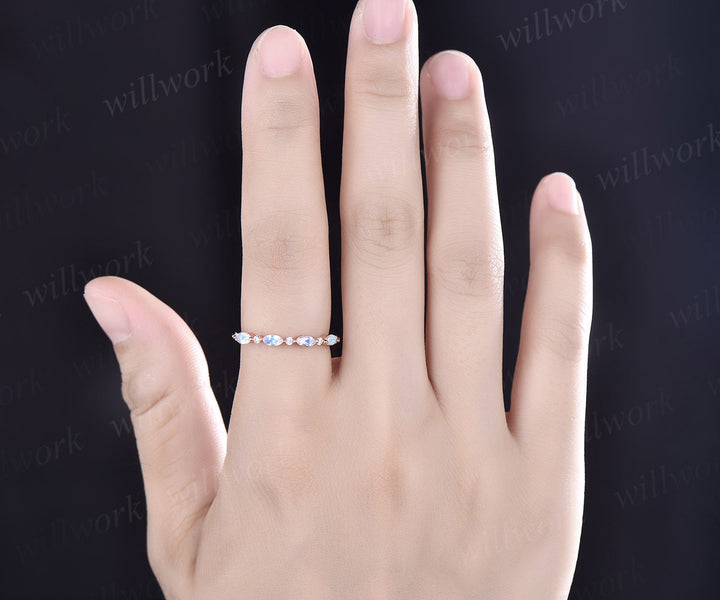 Marquise cut moonstone wedding band 14k rose gold art deco moonstone ring moissanite wedding band stacking ring band bridal ring for women