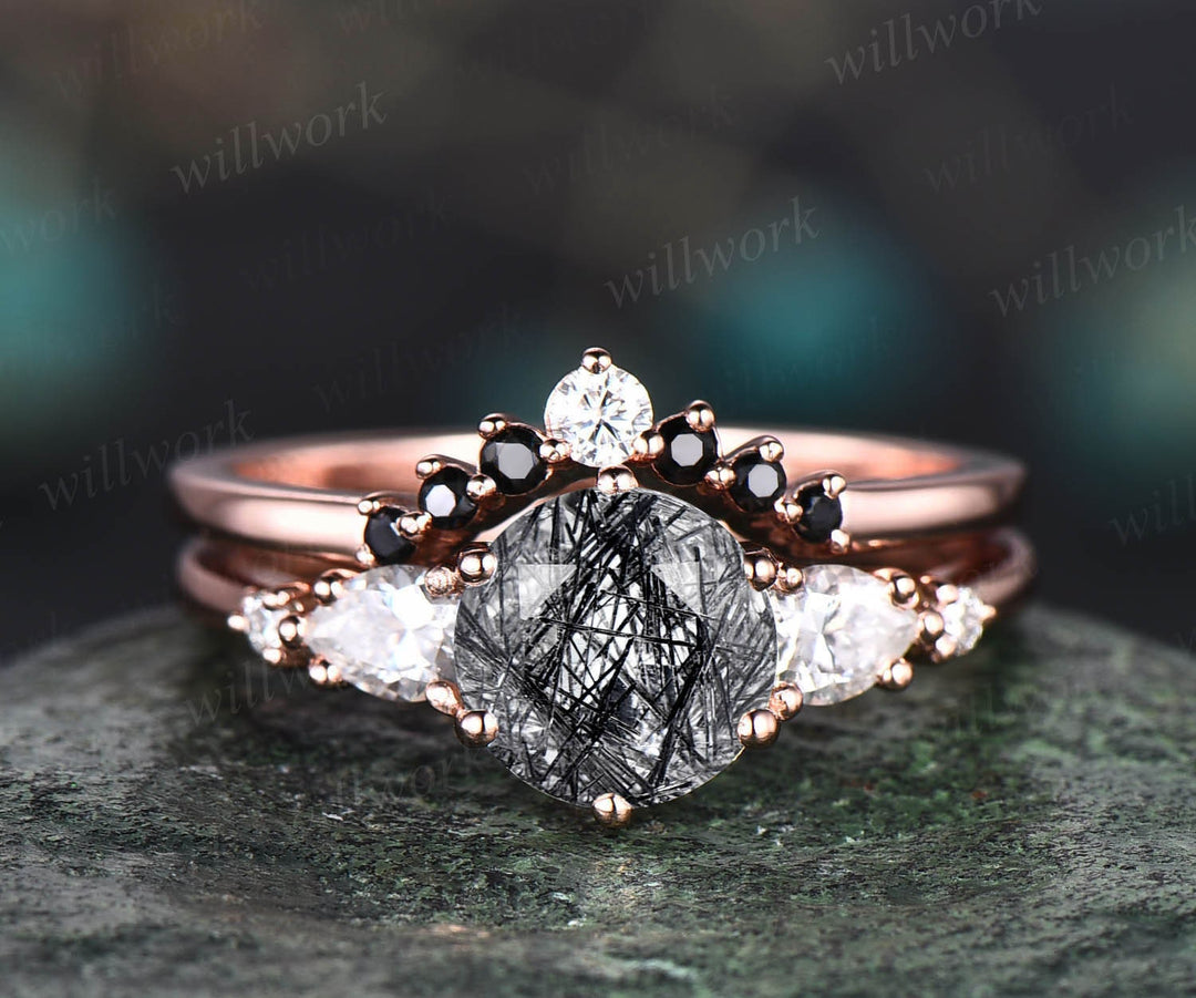 Round cut black rutilated quartz engagement ring set 14k rose gold five stone moissanite ring black diamond ring for women wedding ring set