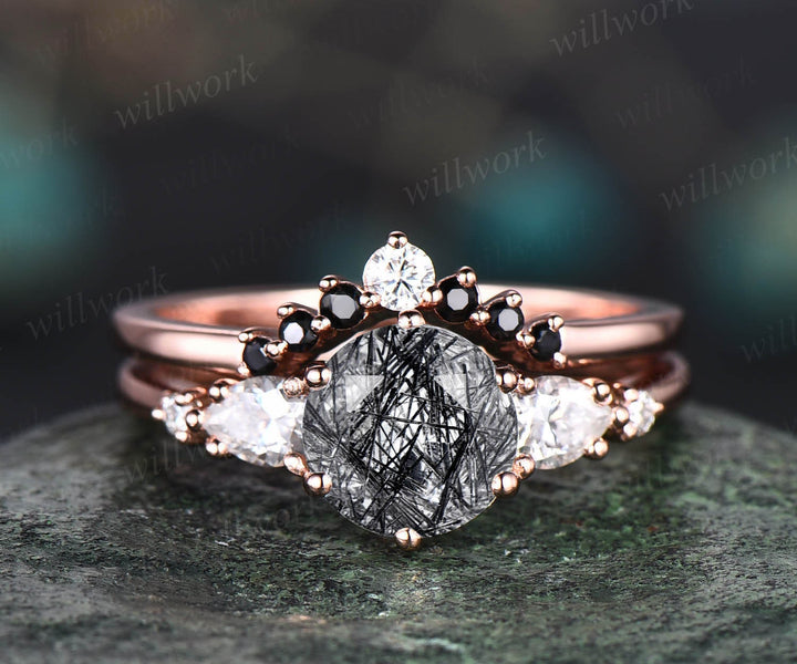 Round cut black rutilated quartz engagement ring set 14k rose gold five stone moissanite ring black diamond ring for women wedding ring set