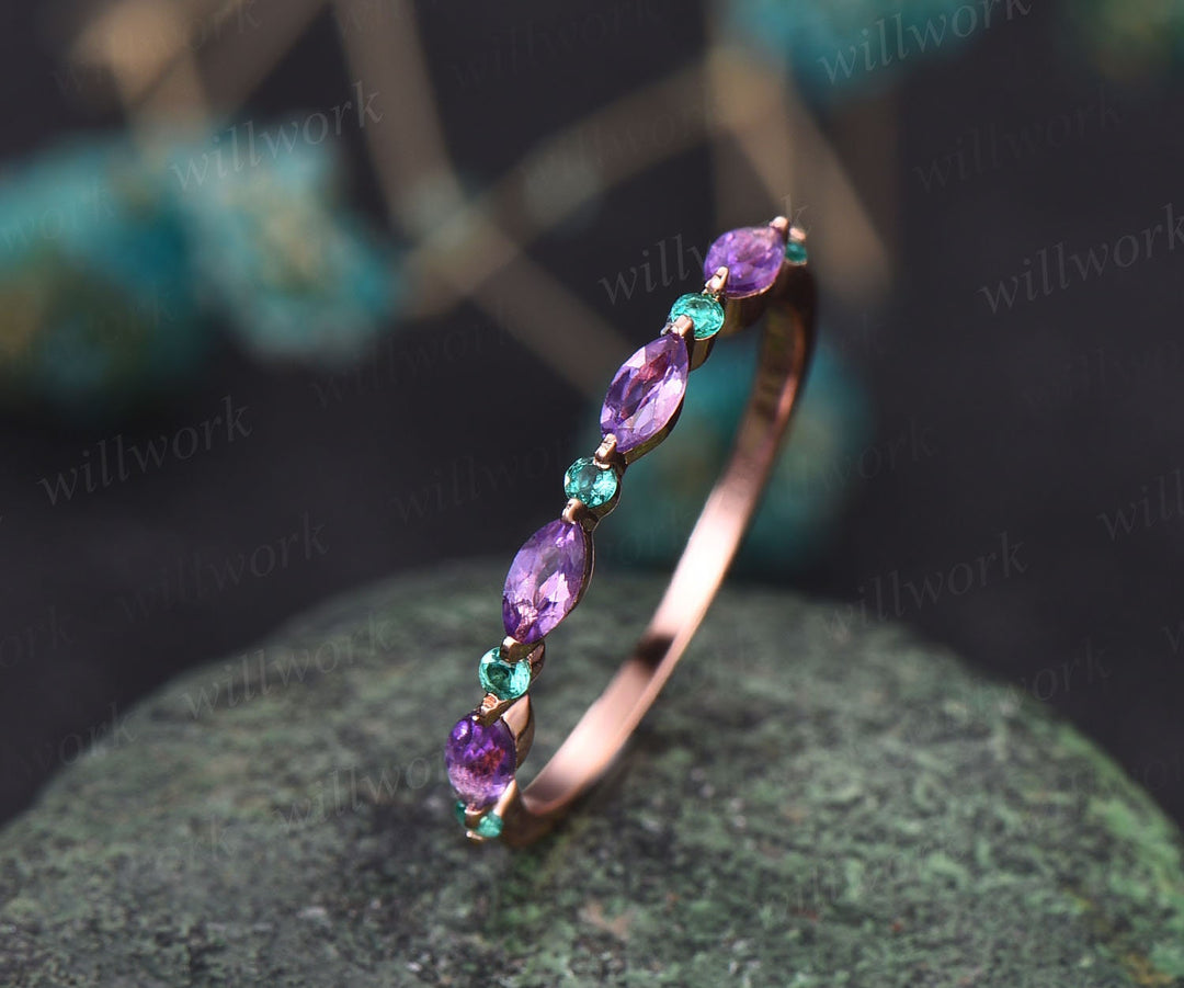 Marquise cut amethyst wedding band half eternity natural emerald wedding band 14k rose gold art deco stacking ring women anniversary band