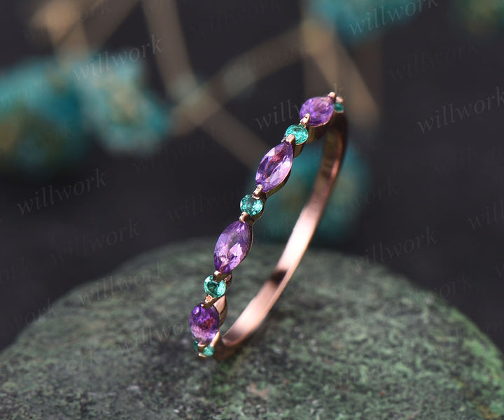 Marquise cut amethyst wedding band half eternity natural emerald wedding band 14k rose gold art deco stacking ring women anniversary band