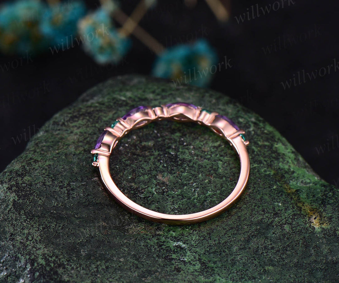 Marquise cut amethyst wedding band half eternity natural emerald wedding band 14k rose gold art deco stacking ring women anniversary band
