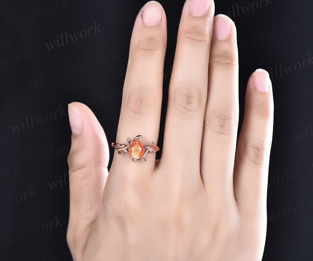 Vintage pear shaped sunstone engagement ring leaf flower art deco unique solitaire rose gold engagement ring anniversary wedding ring women
