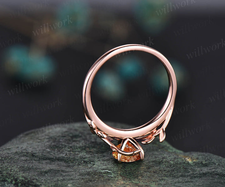 Vintage pear shaped sunstone engagement ring leaf flower art deco unique solitaire rose gold engagement ring anniversary wedding ring women