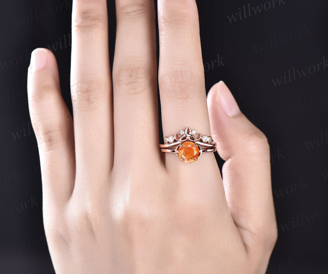 Round sunstone engagement ring set vintage unique solitaire rose gold engagement ring Norse Viking jewelry moissanite wedding ring for women
