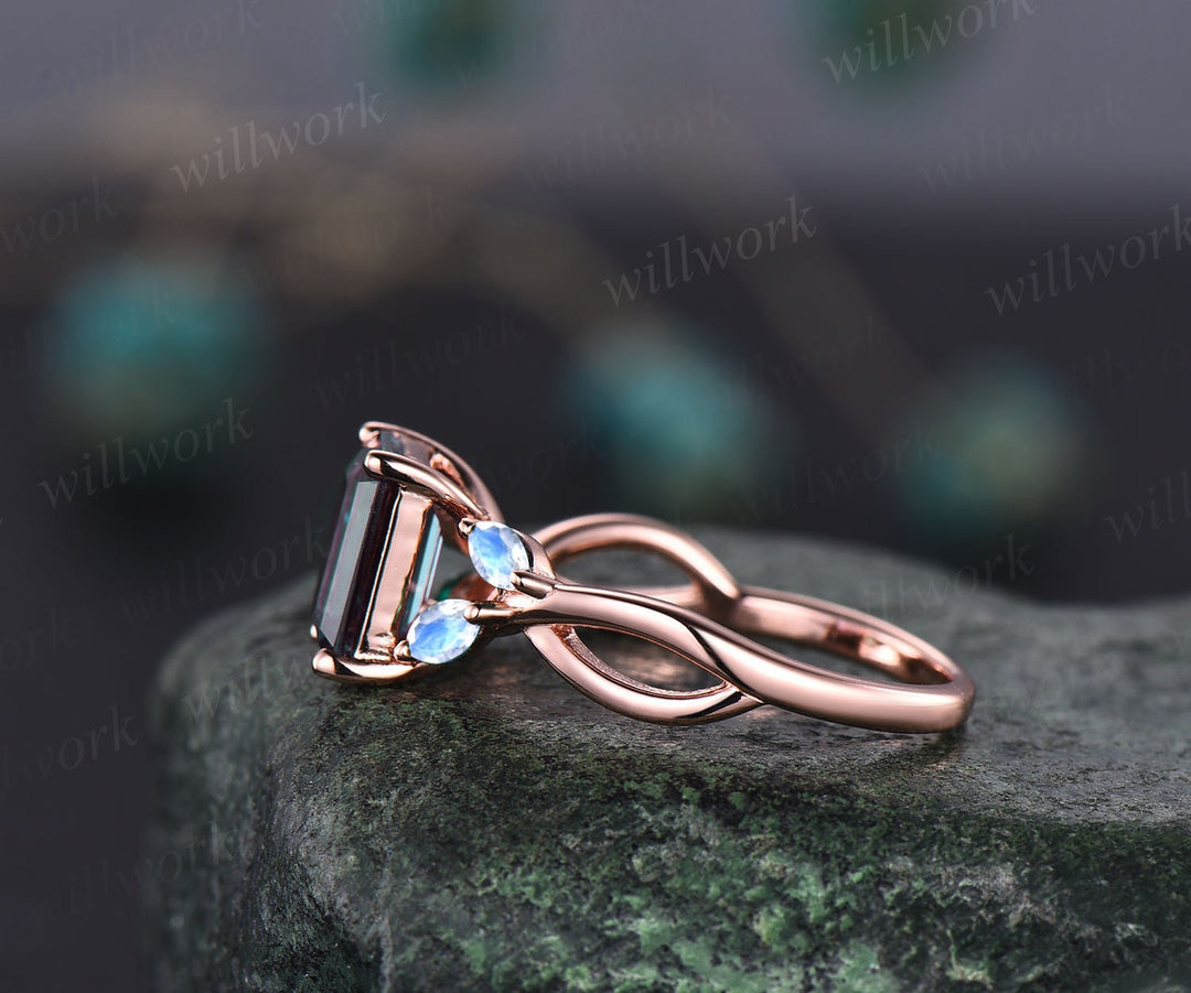 Vintage emerald cut Alexandrite engagement ring five stone art deco 14k rose gold ring marquise cut moonstone ring unique wedding ring women