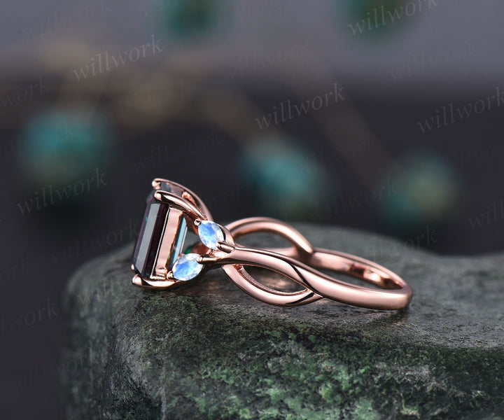 Vintage emerald cut Alexandrite engagement ring five stone art deco 14k rose gold ring marquise cut moonstone ring unique wedding ring women