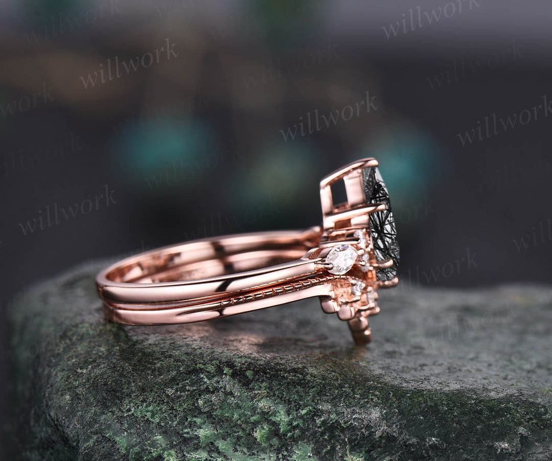 Vintage black rutilated quartz engagement ring 14k rose gold kite cut ring art deco moissanite ring for women unique bridal wedding ring set