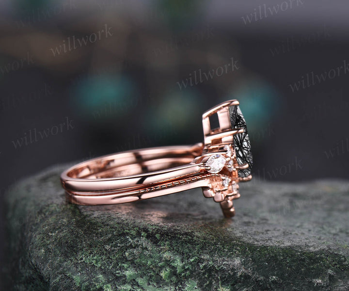 Vintage black rutilated quartz engagement ring 14k rose gold kite cut ring art deco moissanite ring for women unique bridal wedding ring set
