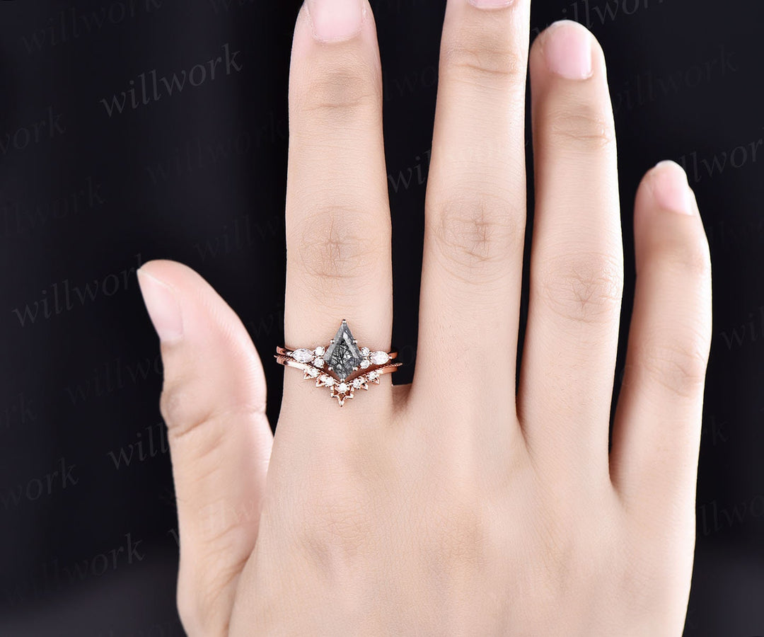 Vintage black rutilated quartz engagement ring 14k rose gold kite cut ring art deco moissanite ring for women unique bridal wedding ring set