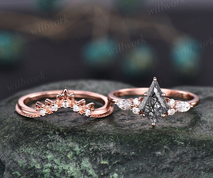 Vintage black rutilated quartz engagement ring 14k rose gold kite cut ring art deco moissanite ring for women unique bridal wedding ring set