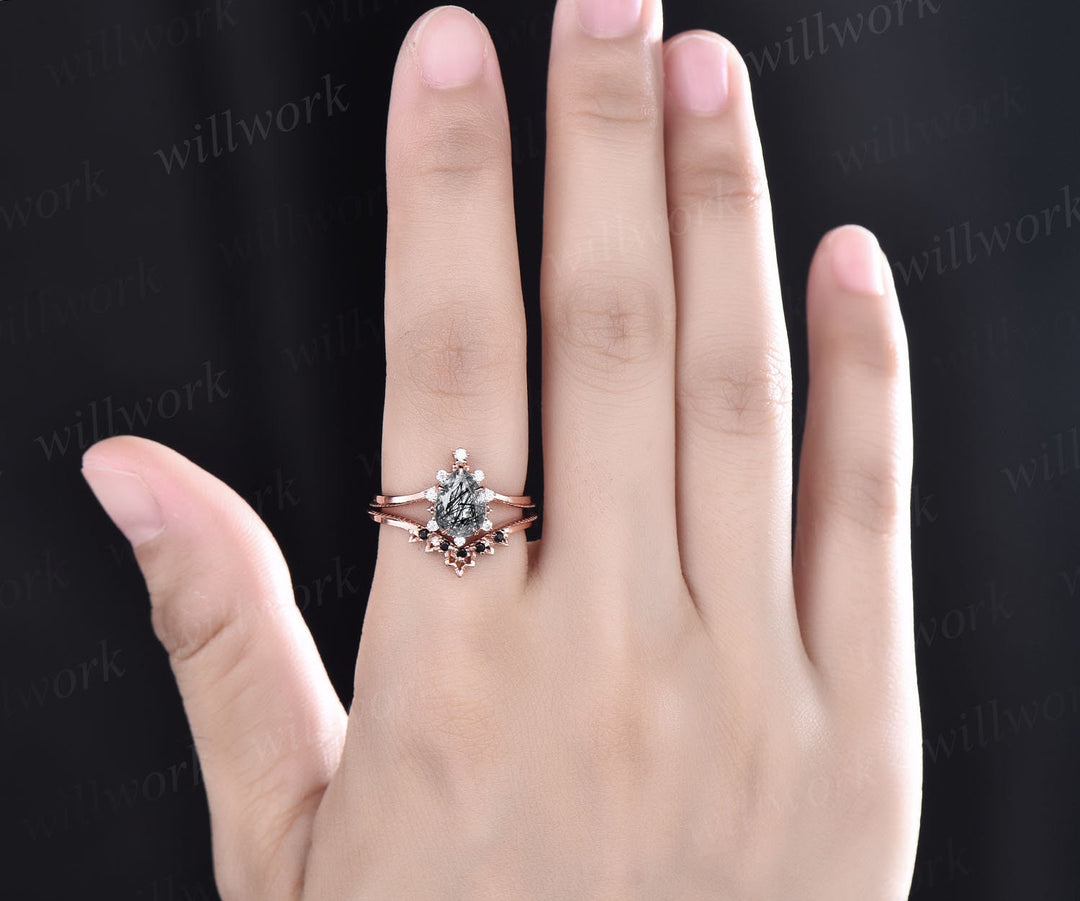 Unique pear shaped black rutilated quartz engagement ring set rose gold black diamond ring vintage moissanite anniversary ring set women