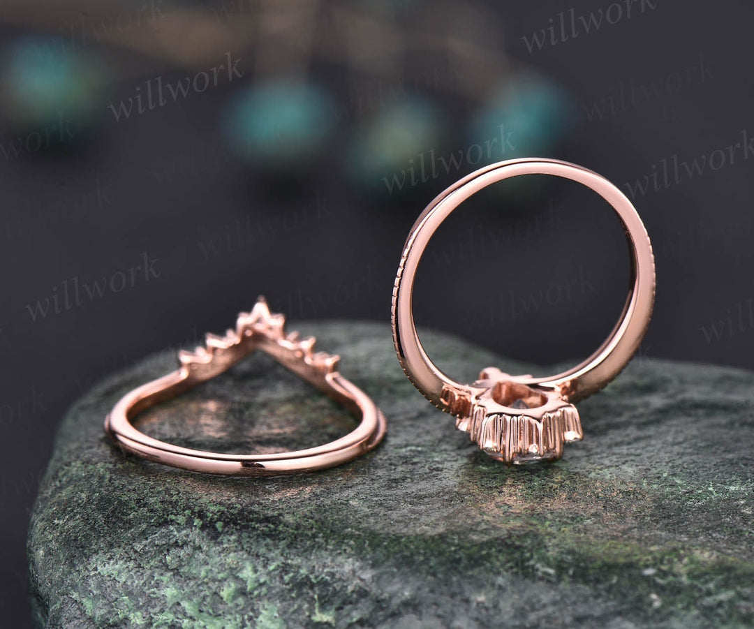 Unique pear shaped black rutilated quartz engagement ring set rose gold black diamond ring vintage moissanite anniversary ring set women