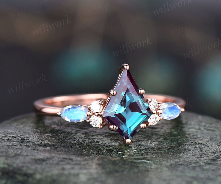 Vintage Alexandrite engagement ring set kite cut ring rose gold art deco marquise cut moonstone ring moissanite wedding ring set for women
