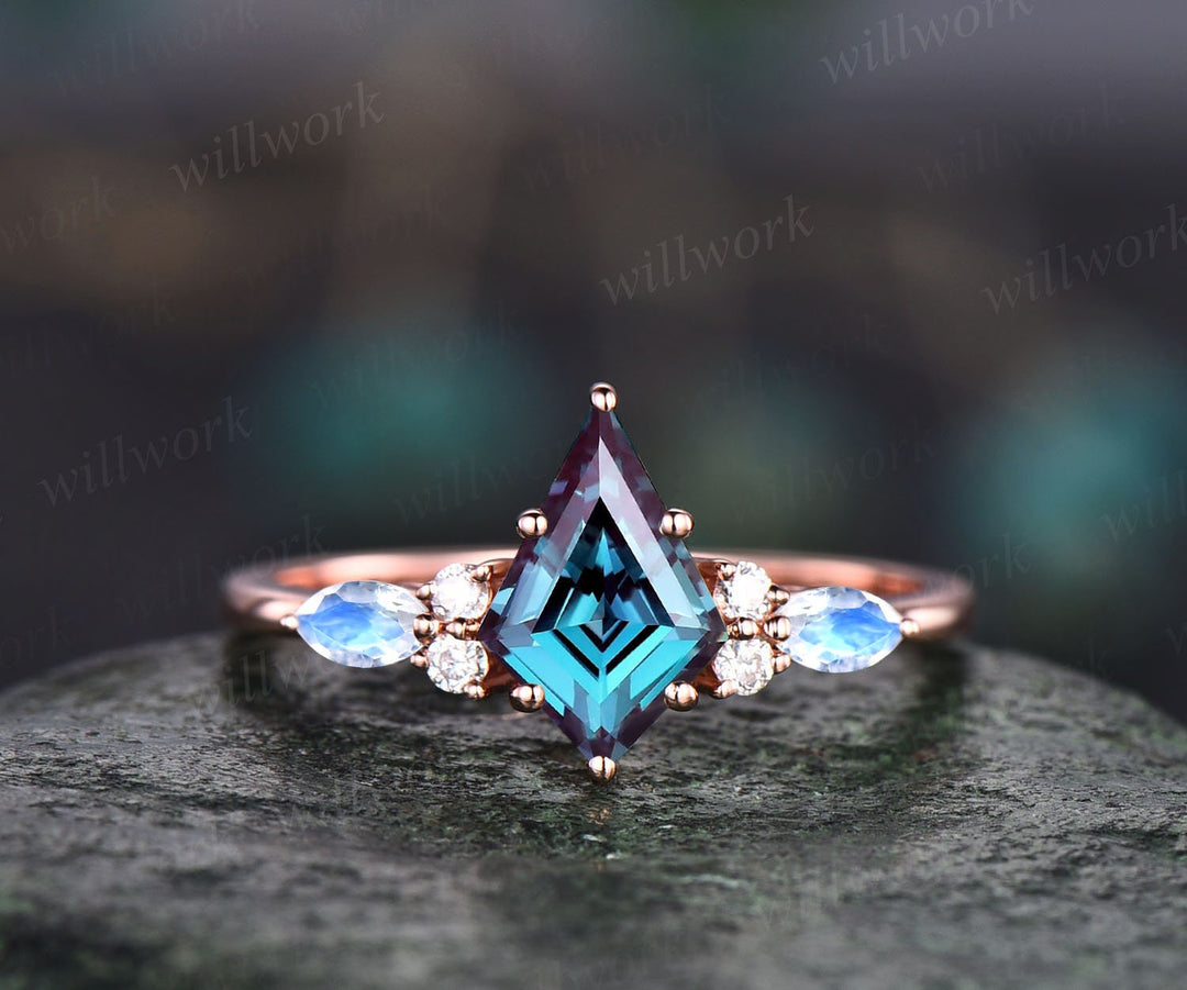 Vintage Alexandrite engagement ring set kite cut ring rose gold art deco marquise cut moonstone ring moissanite wedding ring set for women