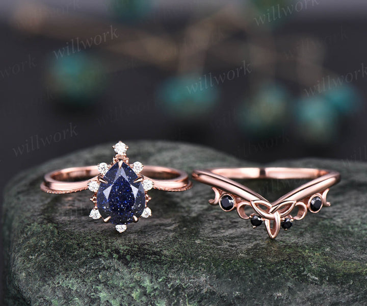 Vintage pear shaped blue sandstone engagement ring set rose gold cluster moissanite ring black diamond ring unique wedding ring set women