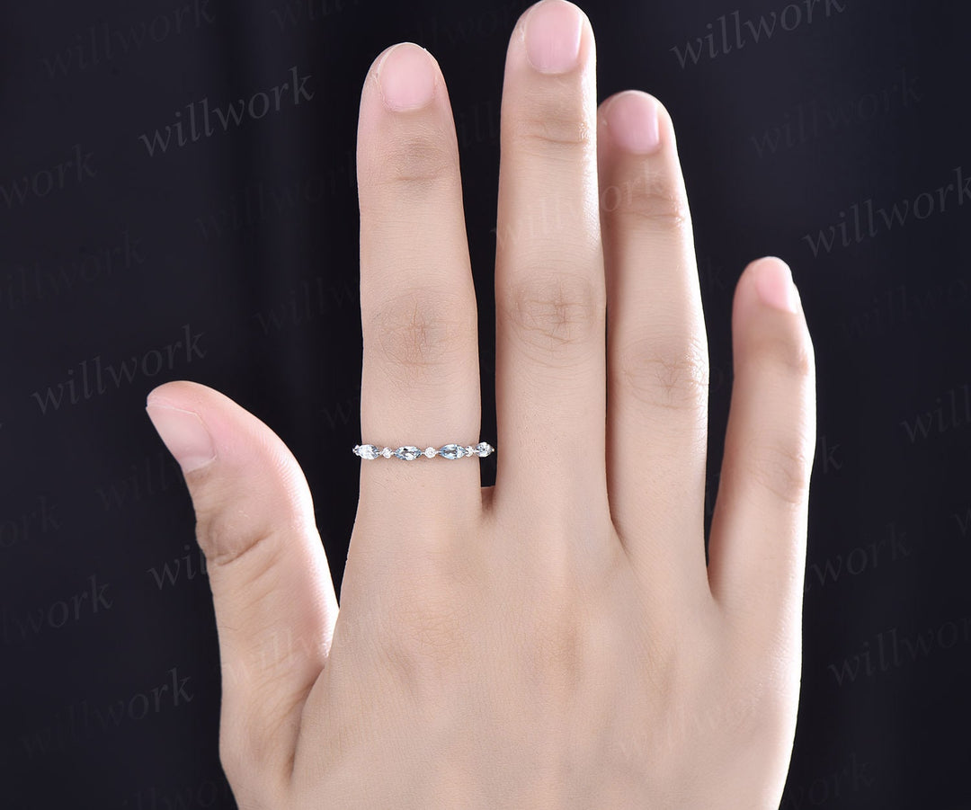 Marquise cut aquamarine wedding band art deco aquamarine wedding ring diamond wedding ring band 14k white gold anniversary bridal ring women