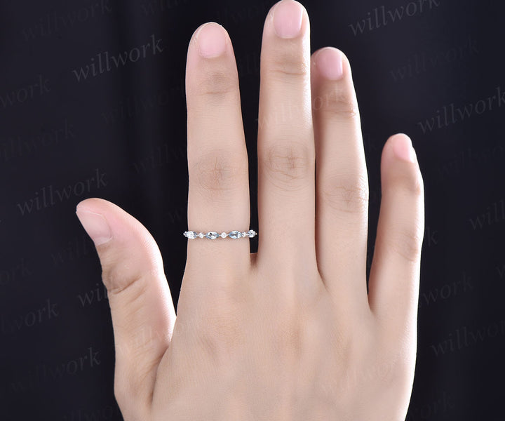 Marquise cut aquamarine wedding band art deco aquamarine wedding ring diamond wedding ring band 14k white gold anniversary bridal ring women