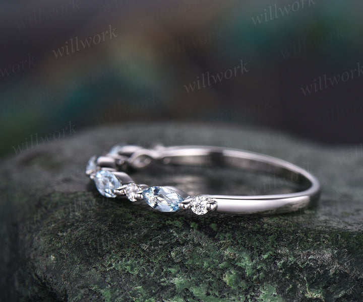 Marquise cut aquamarine wedding band art deco aquamarine wedding ring diamond wedding ring band 14k white gold anniversary bridal ring women