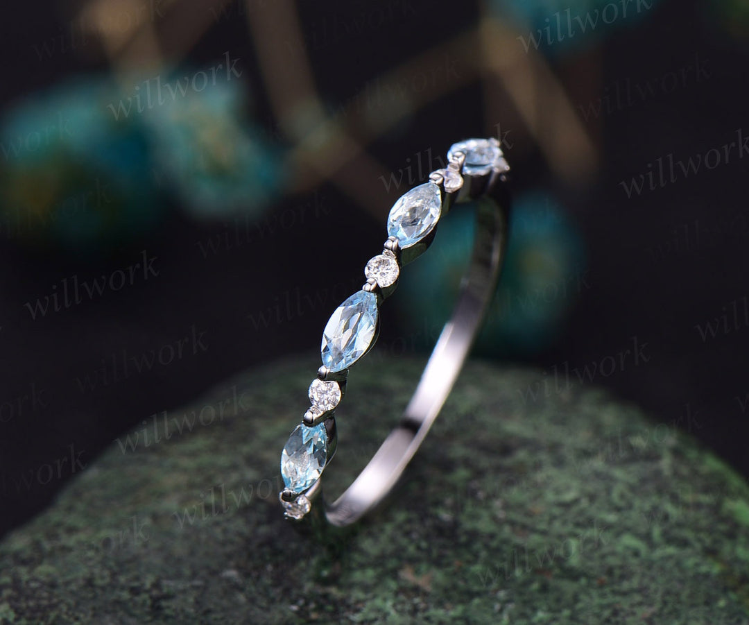 Marquise cut aquamarine wedding band art deco aquamarine wedding ring diamond wedding ring band 14k white gold anniversary bridal ring women