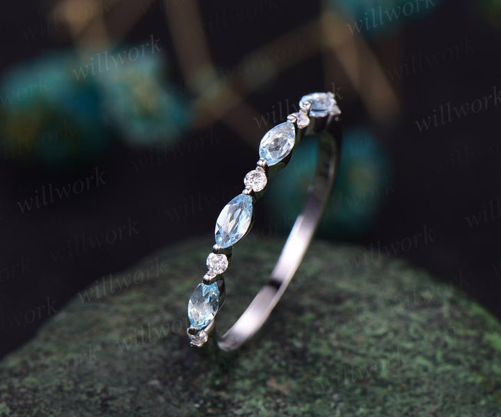Marquise cut aquamarine wedding band art deco aquamarine wedding ring diamond wedding ring band 14k white gold anniversary bridal ring women