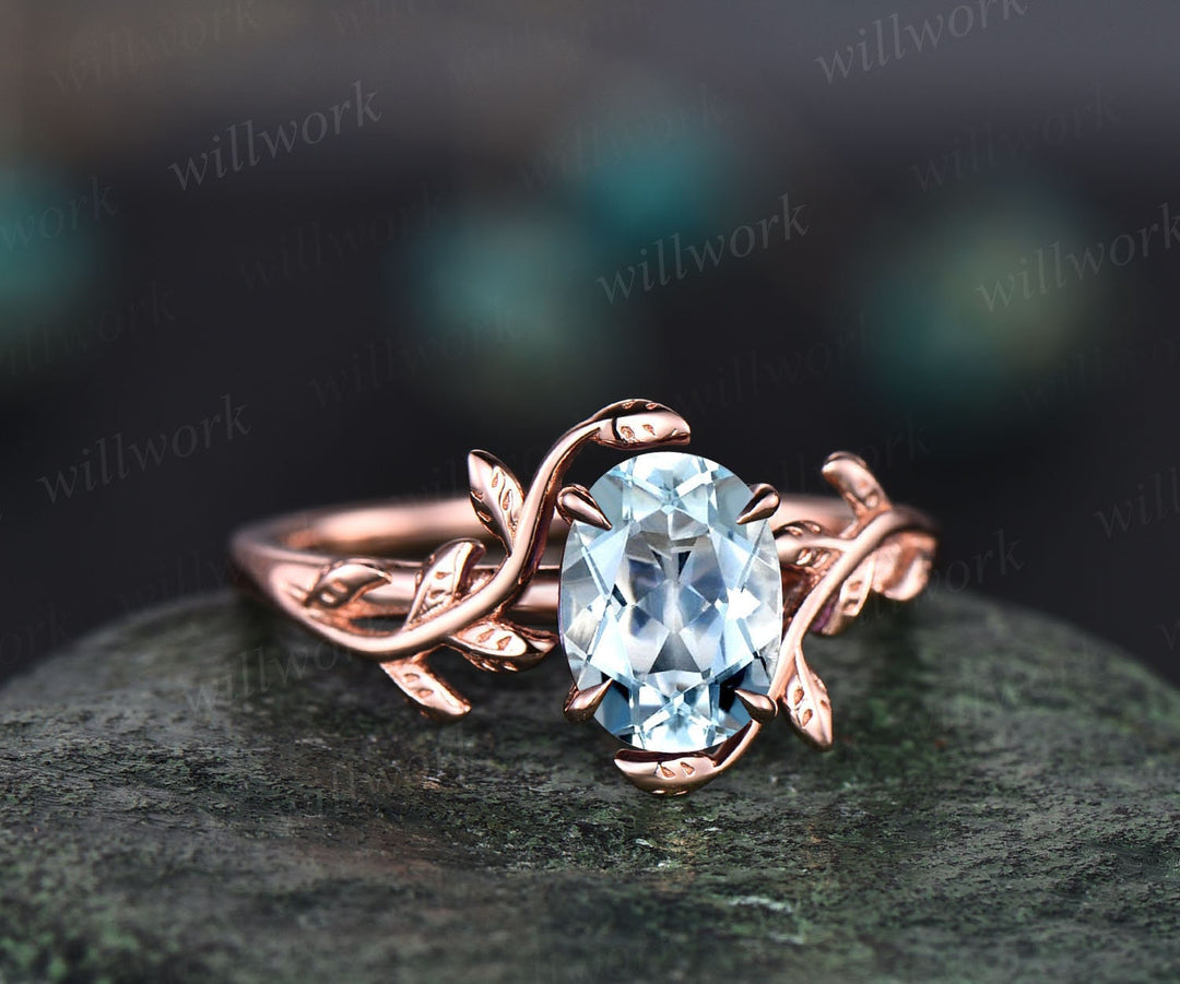 Oval cut aquamarine engagement ring 14k rose gold art deco solitaire leaf flower nature inspired engagement ring March birthstone ring women