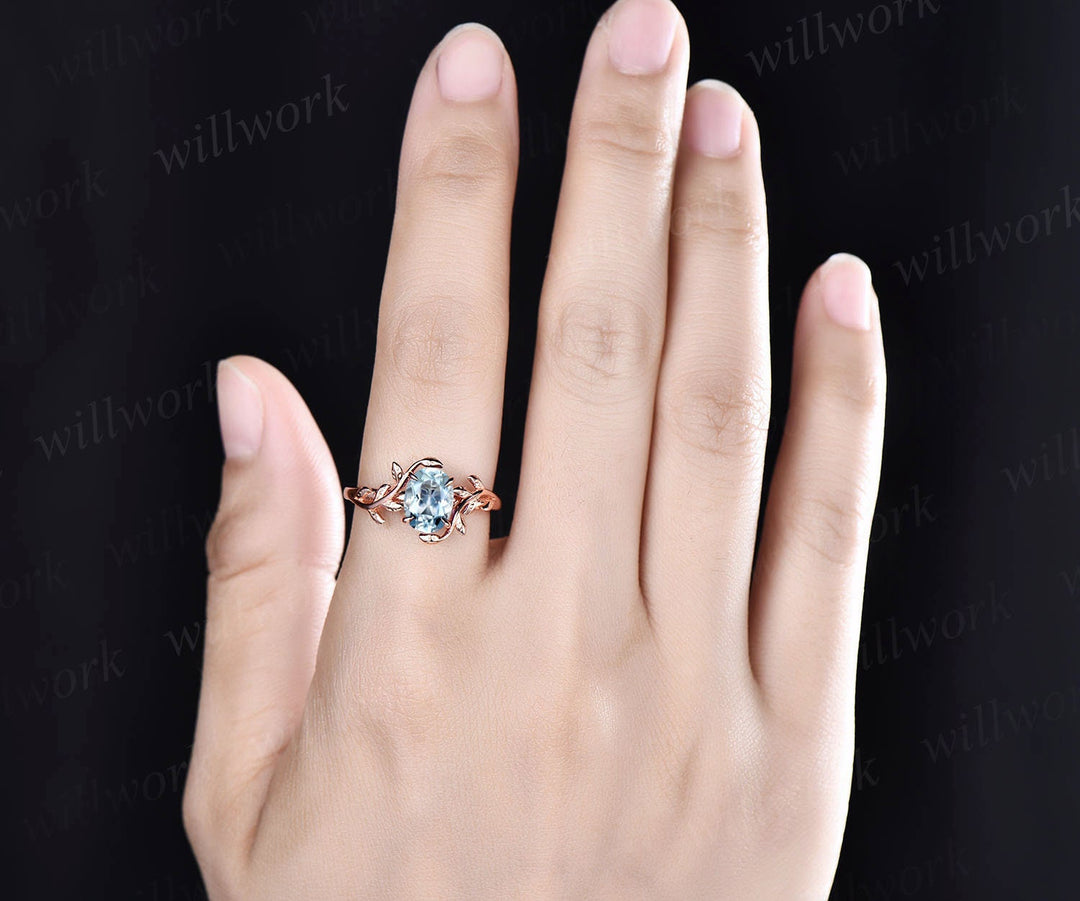 Oval cut aquamarine engagement ring 14k rose gold art deco solitaire leaf flower nature inspired engagement ring March birthstone ring women