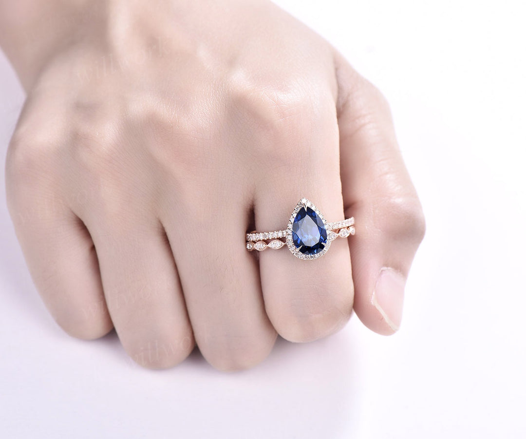 Unique Pear shaped sapphire engagement ring set 14k rose gold halo diamond ring vintage wedding ring set for women September birthstone ring