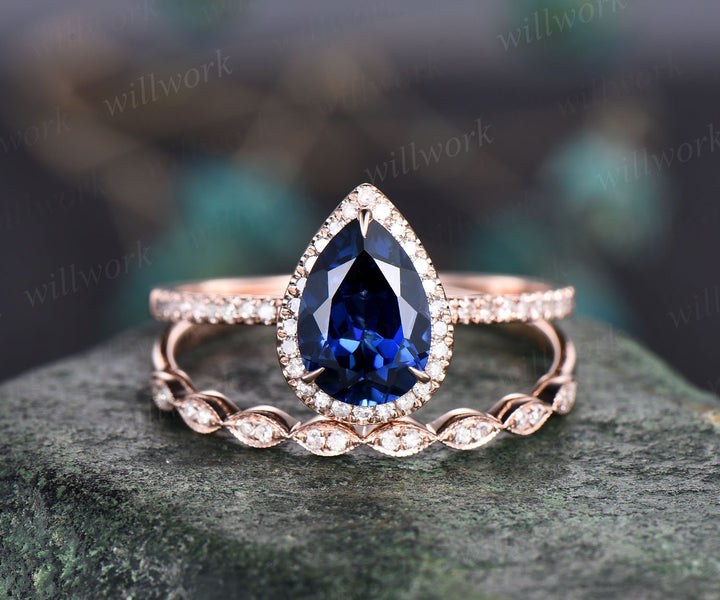 Unique Pear shaped sapphire engagement ring set 14k rose gold halo diamond ring vintage wedding ring set for women September birthstone ring