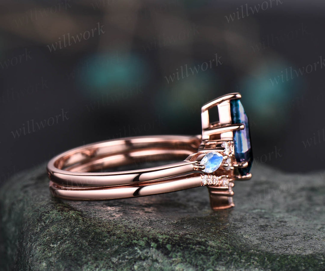 Vintage Alexandrite engagement ring set kite cut ring rose gold art deco marquise cut moonstone ring moissanite wedding ring set for women