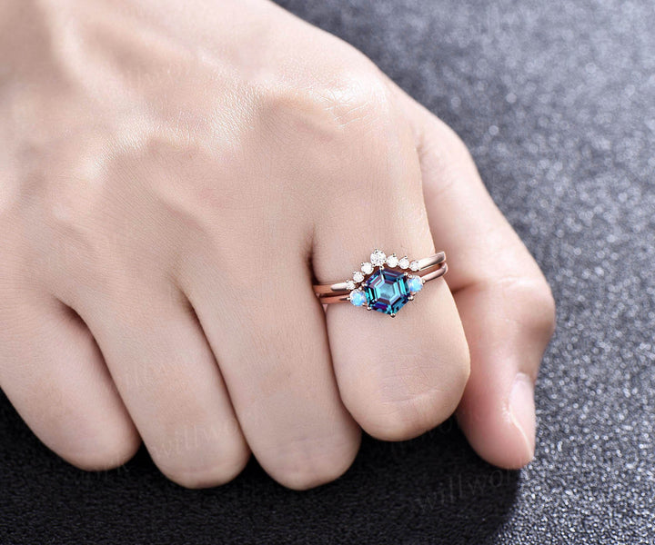 Unique Alexandrite moonstone engagement ring set rose gold hexagon cut ring three stone minimalist ring moissanite bridal ring set women