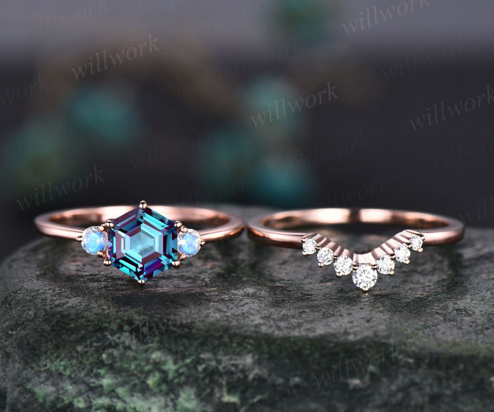 Unique Alexandrite moonstone engagement ring set rose gold hexagon cut ring three stone minimalist ring moissanite bridal ring set women