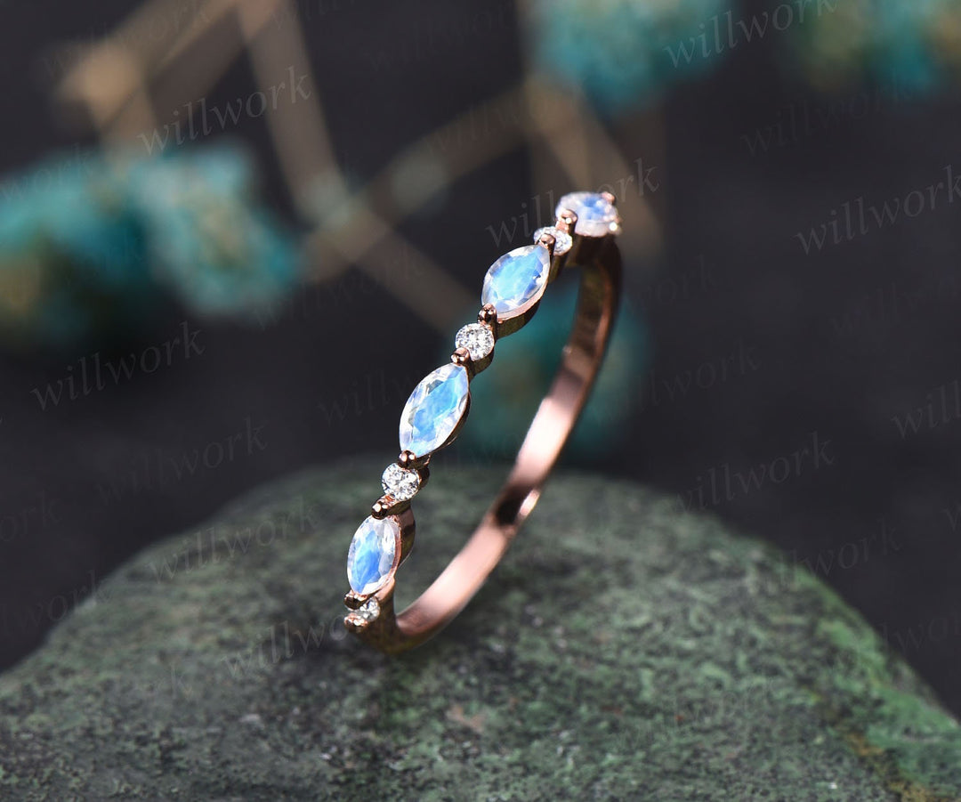 Marquise cut moonstone wedding band 14k rose gold art deco moonstone ring moissanite wedding band stacking ring band bridal ring for women
