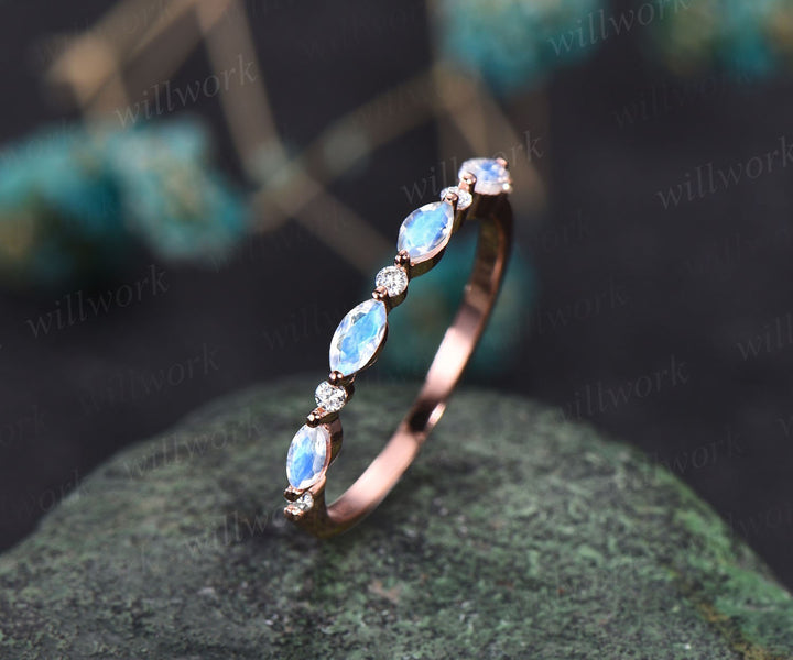 Marquise cut moonstone wedding band 14k rose gold art deco moonstone ring moissanite wedding band stacking ring band bridal ring for women